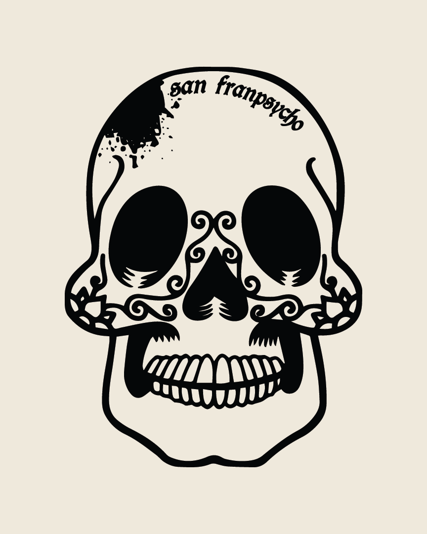 The Sugar Skull Poster features a black and white skull illustration adorned with decorative swirls and “san frangeles” text on the forehead, drawing inspiration from Dia de los Muertos and traditional Mexican art.