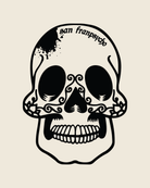 The Sugar Skull Poster features a black and white skull illustration adorned with decorative swirls and “san frangeles” text on the forehead, drawing inspiration from Dia de los Muertos and traditional Mexican art.
