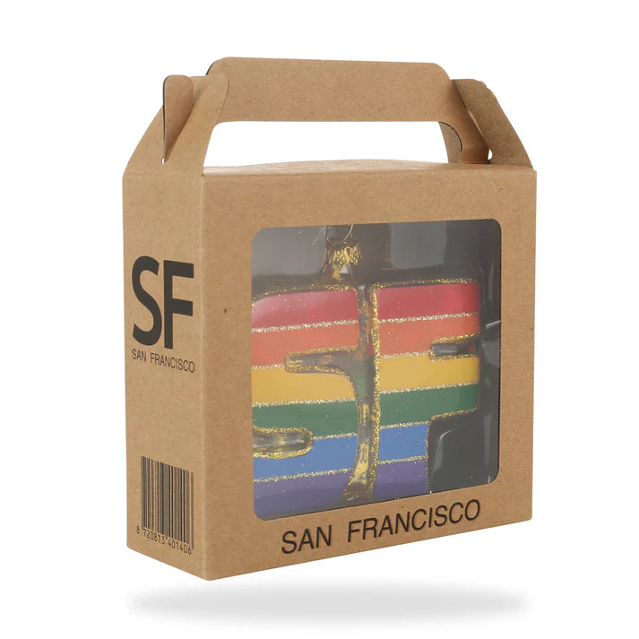 Introducing the Xmas Ornaments - Local Elves: a beautifully crafted, locally inspired ornament that features "SF" in vibrant rainbow colors. 