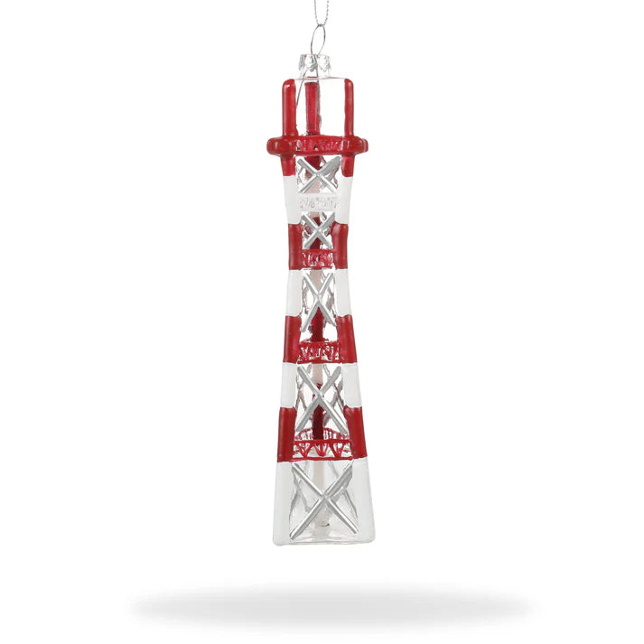 This Xmas Ornaments - Local Elves item, featuring a hand-painted design inspired by local landmarks, is crafted in the shape of a red and white striped lighthouse and hangs gracefully on a string.