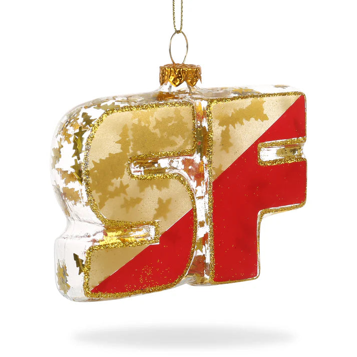 This "Xmas Ornaments - Local Elves" hand-painted glass decoration, inspired by SF, showcases gold glitter and a red diagonal stripe