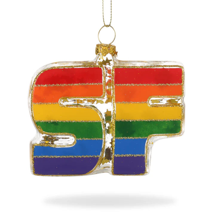 Brimming with local inspiration, the "Xmas Ornaments - Local Elves" offers a vibrant SF design, showcasing rainbow stripes and gold accents. Crafted from hand-painted glass, it hangs elegantly on a string.