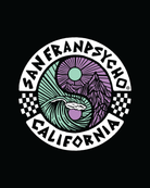 Circular graphic featuring San Franpsycho California with wave, mountains, sun, moon, and checkerboard borders inspired by the iconic style of the Yin Yang Poster.