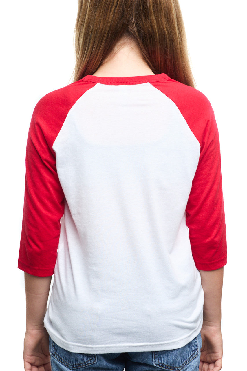 A person is seen from the back wearing a Youth Ocean Club Baseball Tee, made of 100% cotton in red and white.