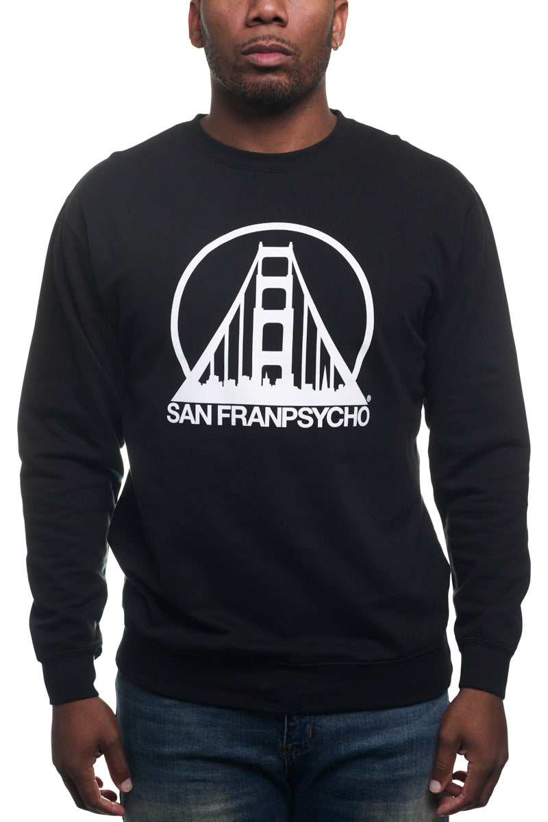 A person wearing a Black & White Logo Crewneck from San Franpsycho, featuring a classic style with a bridge graphic and the iconic SFP logo.