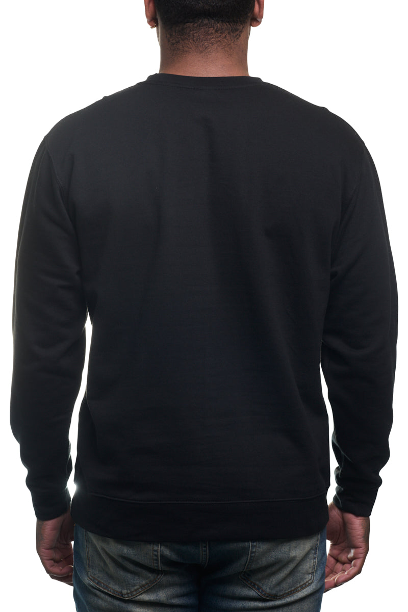 A person wearing the Black & White Logo Crewneck paired with jeans is viewed from the back against a white background.