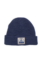 A Denim Heather Waffle Beanie featuring a stylish Natural/Navy San Francisco and bridge logo patch on the front.