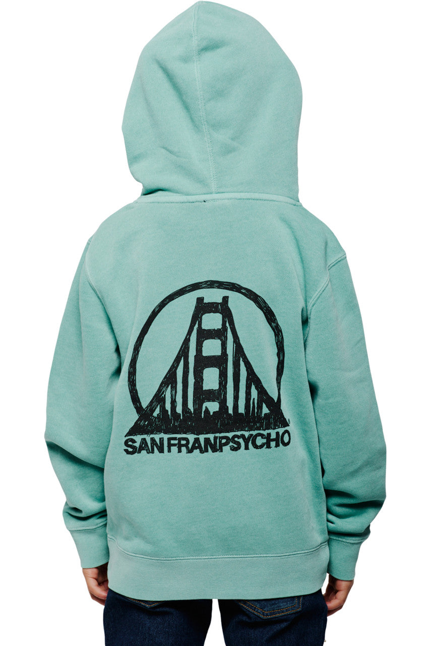 A child wearing a Youth Mint Scribble Logo Pullover Hoodie, showcasing the San Franpsycho bridge design and SFP scribble logo on the back.