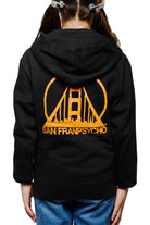 A child is wearing the Youth Black & Orange Logo Zip-Up Hoodie, which is crafted from 100% cotton and features an orange bridge logo and "San Franpsycho" on the back.