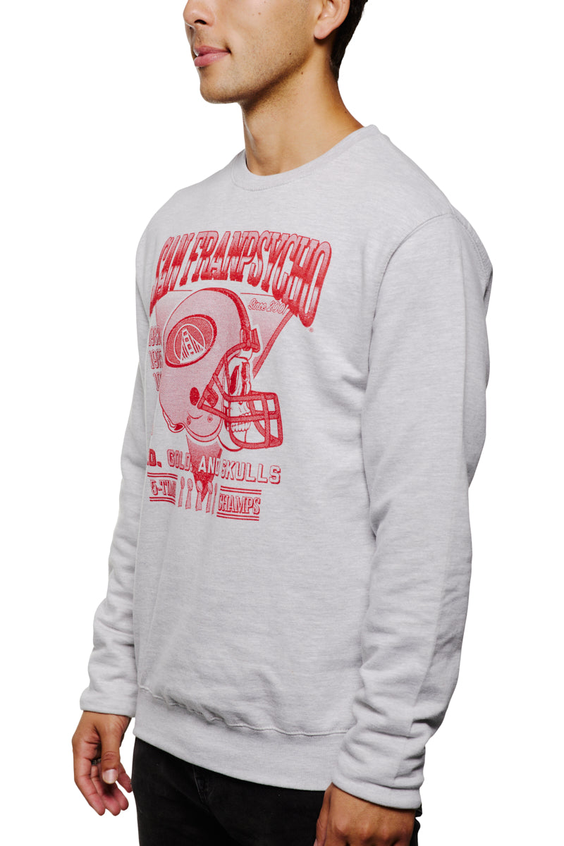 A man is wearing the Candlestick Champs Crewneck, a vintage unisex sweatshirt in gray that prominently displays a bold red football graphic and 'San Francisco' text on the front—ideal for getting ready for Niners season.