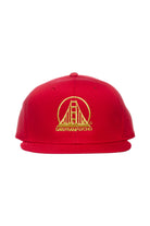 Embroidered Logo Snapback - Red & Gold, showcasing a flat brim and adjustable fit, decorated with a yellow logo reminiscent of the Golden Gate Bridge alongside the text SAN FRANPSYCHO on the front.