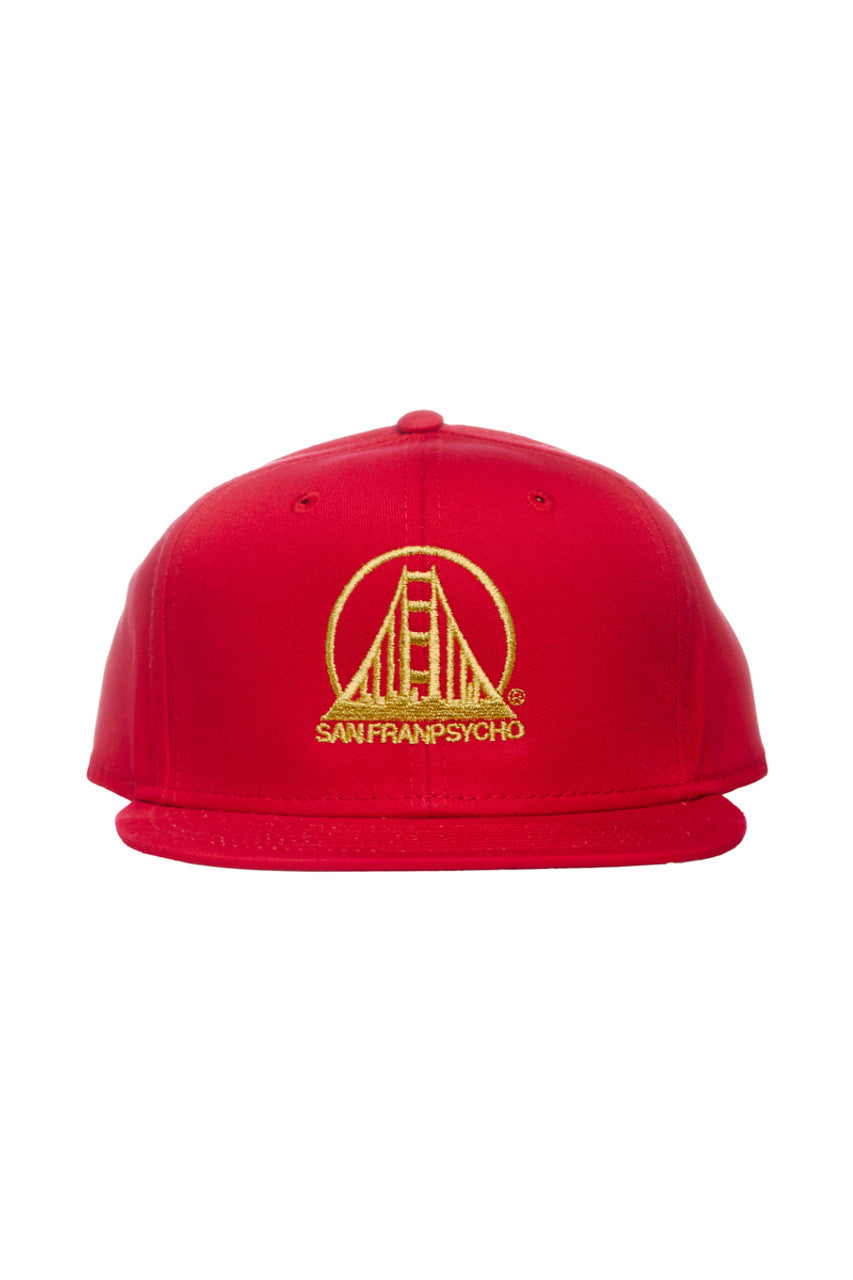 Embroidered Logo Snapback - Red & Gold, showcasing a flat brim and adjustable fit, decorated with a yellow logo reminiscent of the Golden Gate Bridge alongside the text SAN FRANPSYCHO on the front.