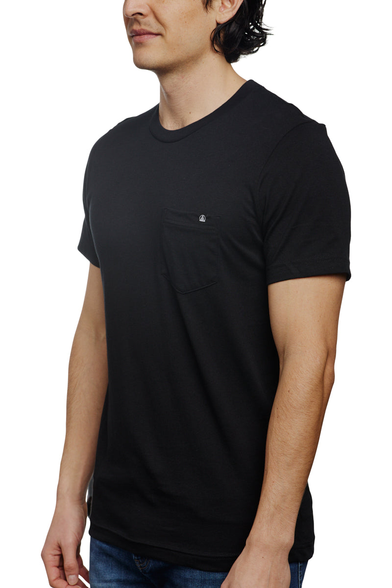 A man stands against a white background, wearing the Black Pocket Tee w/ SFP Clip Label, crafted from soft Airlume cotton as part of the basics line.