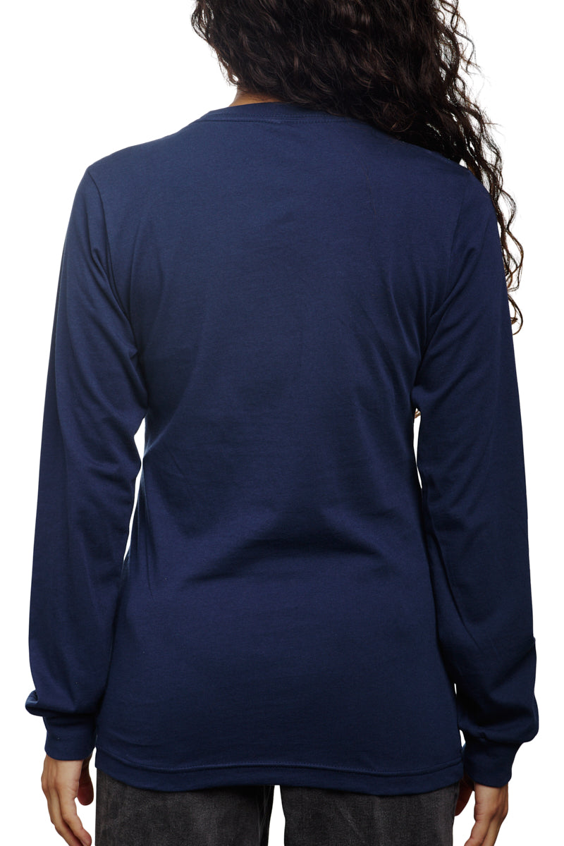 The sentence can be rewritten as: A person with long curly hair is shown from the back, wearing a Navy Long Sleeve Mini Logo tee made of soft airlume cotton.