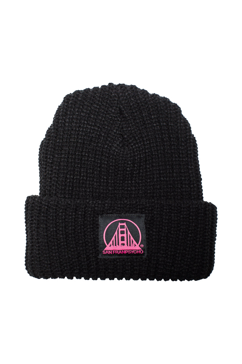 Black Lumberjack Beanie w/ Black/Pink SFP Logo featuring a pink bridge and bold San Franpsycho text on the front cuff.