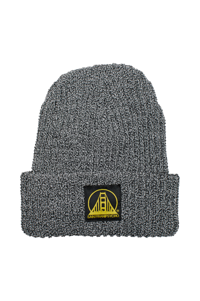 Zebra Lumberjack Beanie with a folded brim and a yellow patch featuring a bridge and Black/Yellow SFP Logo.
