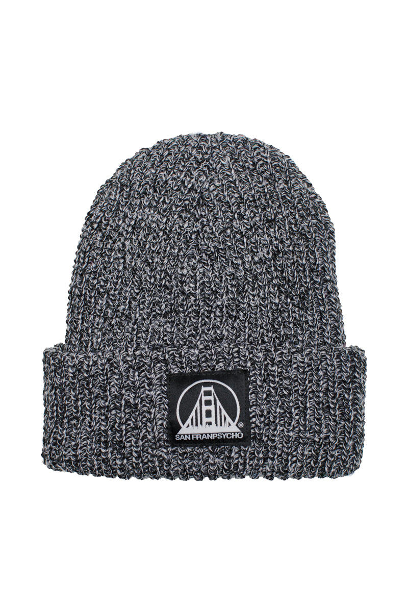 Gray Zebra Lumberjack beanie with a folded brim and a patch featuring the Black/White SFP Logo bridge design and SAN FRANPSYCHO text.
