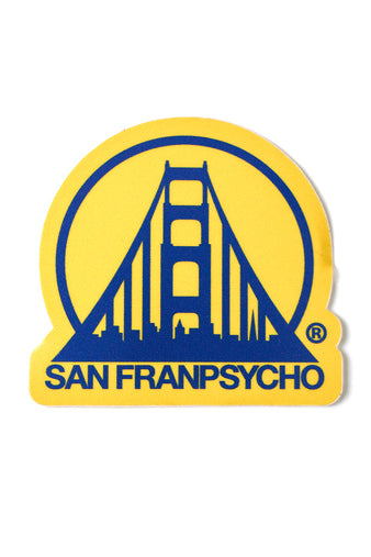 Weatherproof die-cut sticker from the Yellow & Blue Logo Sticker collection, showcasing a yellow background with a blue silhouette of a bridge and the text SAN FRANPSYCHO beneath it.