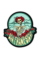 The Grateful Bones Sticker features a dancing skeleton with a rose crown and San Franpsycho text against a bridge backdrop. This vibrant vinyl sticker is weatherproof, offering long-lasting appeal.