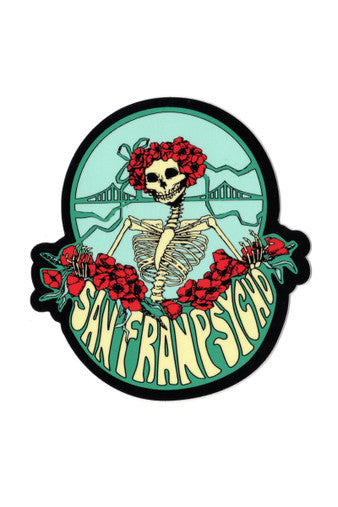 The Grateful Bones Sticker features a dancing skeleton with a rose crown and San Franpsycho text against a bridge backdrop. This vibrant vinyl sticker is weatherproof, offering long-lasting appeal.