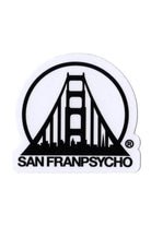 White & Black Logo Sticker featuring a stylized bridge and the text "San Franpsycho" in black on a white background, crafted as a weatherproof vinyl sticker.