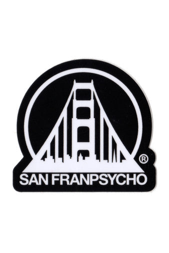 A die-cut Black & White Logo Sticker featuring the San Franpsycho logo, adorned with a stylized bridge and bold SAN FRANPSYCHO text.