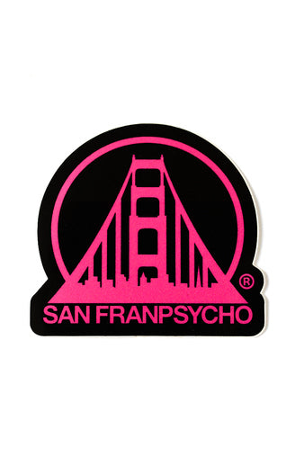 The Black & Pink Logo Sticker features a pink graphic of a bridge with the San Franpsycho logo against a black background, crafted as a high-quality vinyl sticker.