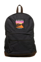 The Black Backpack w/ Outer Sunset Patch features leather trims and a vibrant patch with a sunset scene and "The Outer Sunset, San Franpsycho" text.