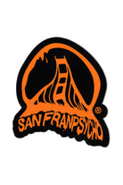 Black and orange 'Acid Logo' sticker showcasing a stylized Golden Gate Bridge on a black background, available as a vibrant die-cut sticker.