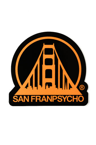 The Black & Orange Logo Sticker features San Franpsycho's logo with an orange bridge outline set against a sleek black background, crafted to be weatherproof.