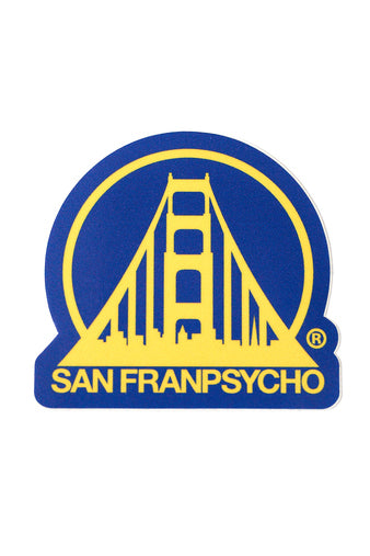 Introducing the Blue & Yellow Logo Sticker: a die-cut sticker showcasing the San Franpsycho logo, complete with a stylized yellow bridge and bold SAN FRANPSYCHO text set against a vibrant blue background.