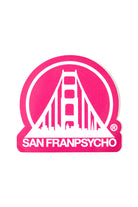 The Pink & White Logo Sticker showcases a white bridge illustration on a pink background with "SAN FRANPSYCHO" elegantly displayed beneath it. This weatherproof sticker is perfect for adding a touch of San Franpsycho style to any surface.