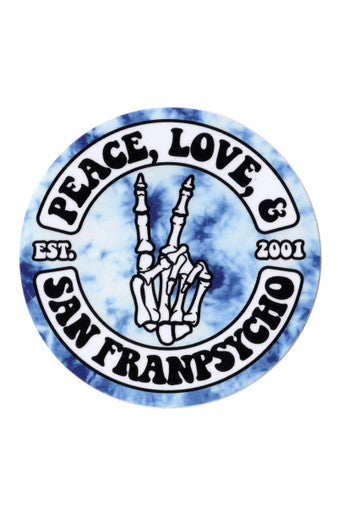 The Peace, Love & San Franpsycho Skeleton Sticker showcases a circular design of a skeleton hand flashing the peace sign, capturing the essence of "Peace, Love & San Franpsycho." Since its establishment in 2001, this sticker is made to withstand all weather conditions.